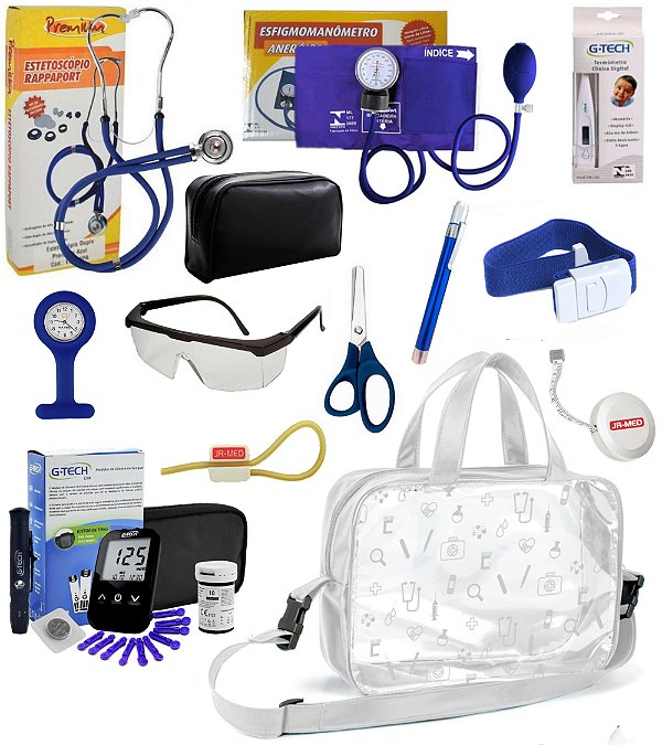 Kit Enfermagem Completo com Aparelho e Estetoscópio Premium + Relógio + Glicose G-tech + Bolsa Transparente Estágio