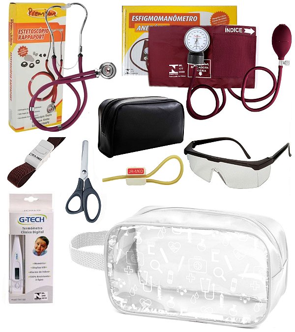 Kit Material de Enfermagem Aparelho de Pressão com Estetoscópio Duplo Rappaport Premium Completo  + Nécessaire Transparente