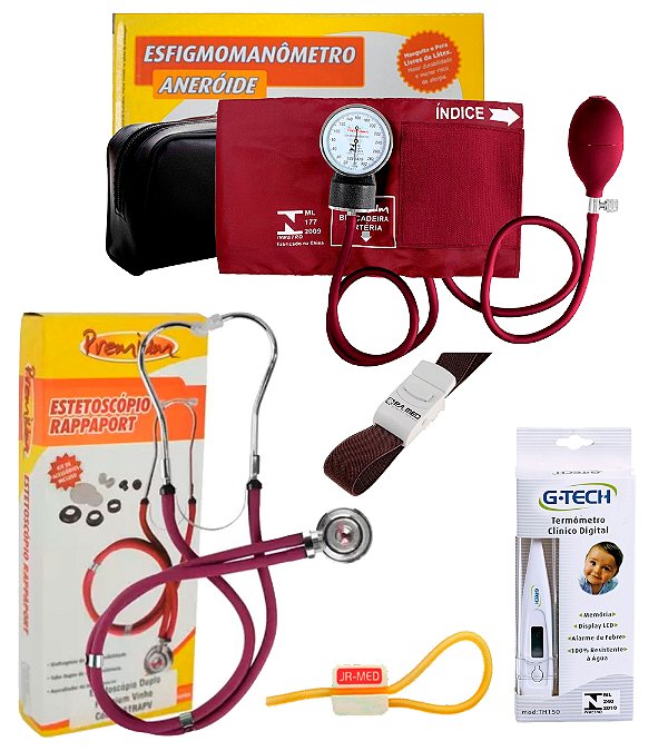 Kit Material Acadêmico de Enfermagem Estetoscópio Duplo Adulto/Pediátrico + Esfigmomanômetro Premium Cores