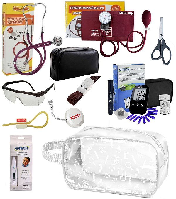Kit Material de Enfermagem Aparelho de Pressão com Estetoscópio Duplo Rappaport Premium Completo + Medidor de Glicose + Nécessaire Transparente
