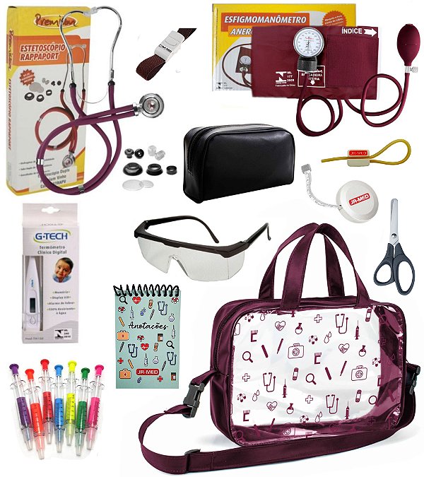 Kit Material de Enfermagem Aparelho De Pressão + Estetoscópio Rappaport Duplo - Premium + Caderneta de Anotações + Bolsa Transparente Colorida