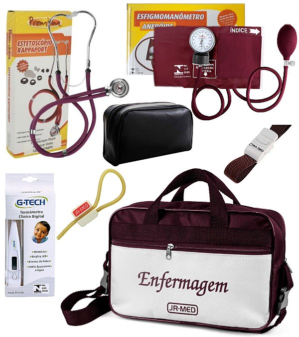 Kit Material de Enfermagem Esfigmomanômetro/Aparelho de Pressão com Estetoscópio Duplo Rappaport Premium Completo + Bolsa