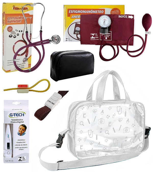 Kit Material de Enfermagem Esfigmomanômetro/Aparelho de Pressão com Estetoscópio Duplo Rappaport Premium Completo + Bolsa Transparente
