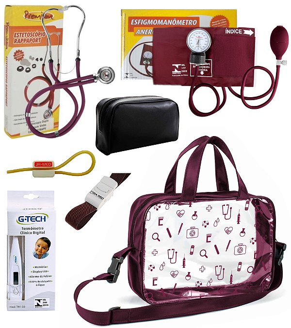 Kit Material de Enfermagem Esfigmomanômetro/Aparelho de Pressão com Estetoscópio Duplo Rappaport Premium Completo + Bolsa Transparente Cores