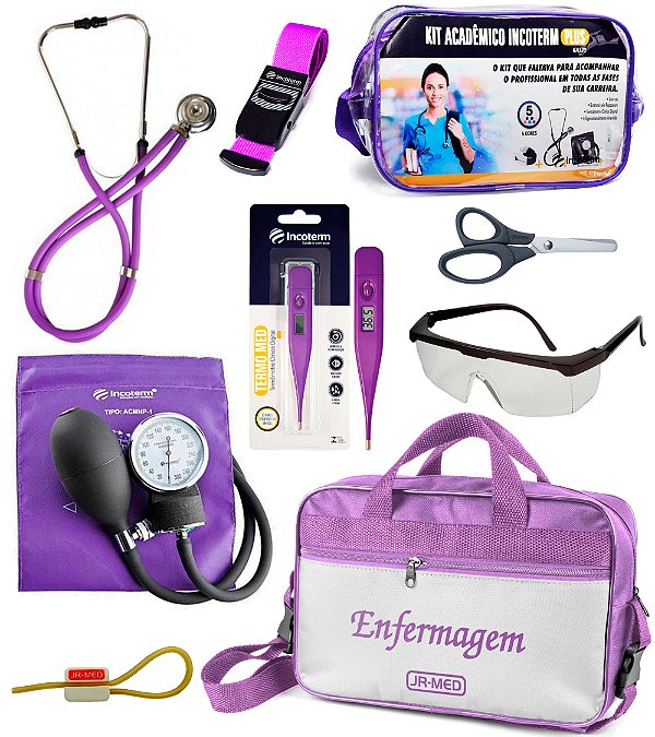 Kit Material de Enfermagem Completo com Aparelho e Estetoscópio Incoterm Lilás/Roxa + Bolsa Estágio