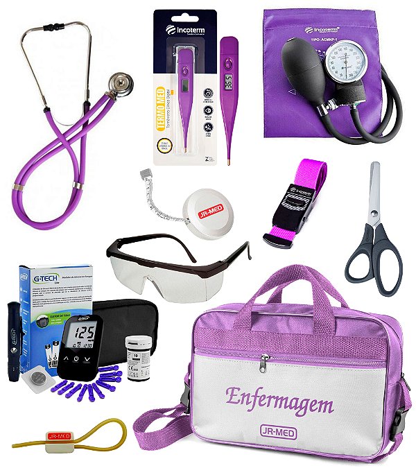 Kit Material de Enfermagem Completo com Aparelho e Estetoscópio Incoterm Lilás/Roxa + Medidor de Glicose G-Tech  + Bolsa Estágio
