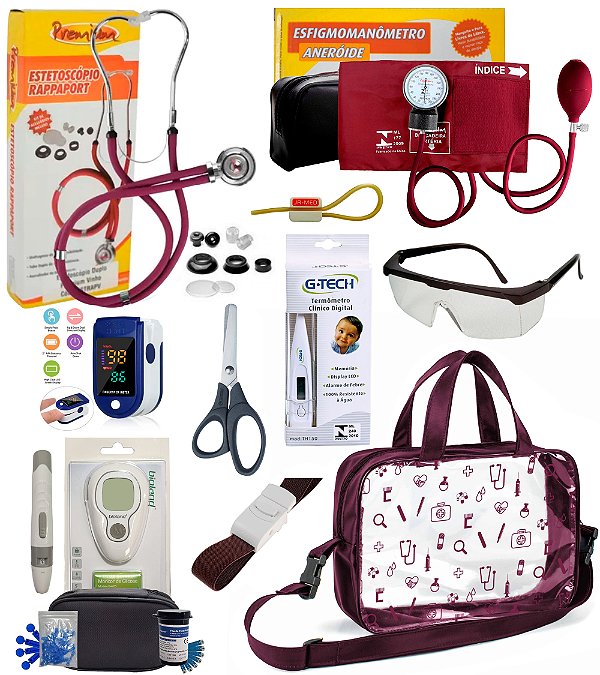 Kit enfermagem Premium completo com oximetro e medidor de glicose Bioland - Bolsa Transparente