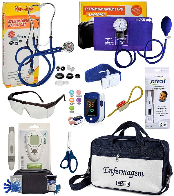 Kit enfermagem Premium completo com oximetro e medidor de glicose Bioland - Bolsa Nova/FECHADA