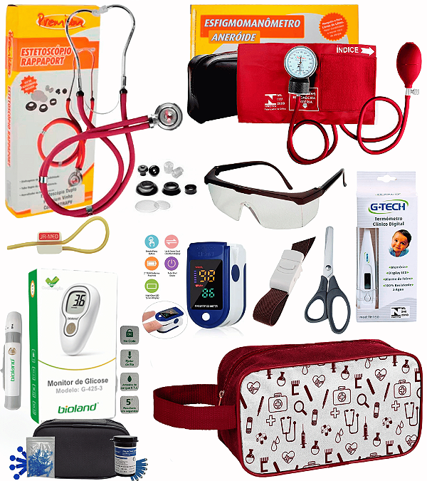 Kit enfermagem Premium completo com oximetro e medidor de glicose Bioland - Necessaire FECHADA