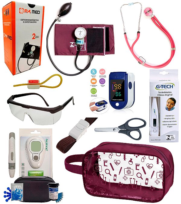 Kit de Enfermagem Completo com Medidor de Glicose + Oximetro - Necessaire Transparente