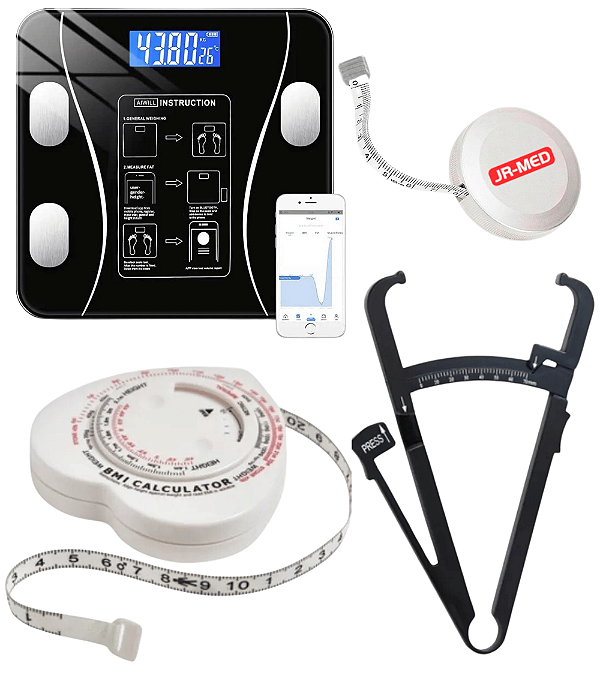 Kit Nutrição - Balança Bioimpedância, Adipômetro e Trena Antropométrica