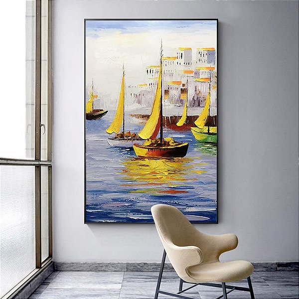 Quadro Pintura Tela barco trabalho porto encaixado 5147