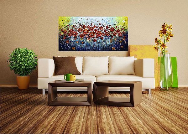 Quadro Pintura Tela pequena vermelha enorme óleo flor 5242