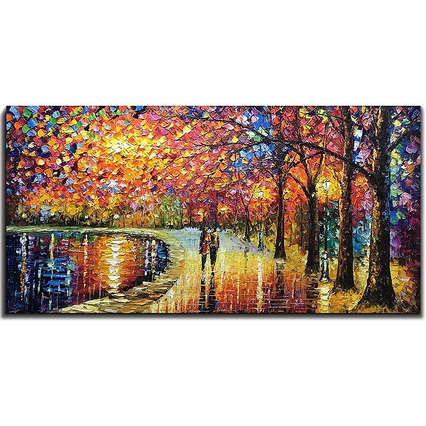 Quadro Pintura Tela parceiro lago caminhar óleo 5259