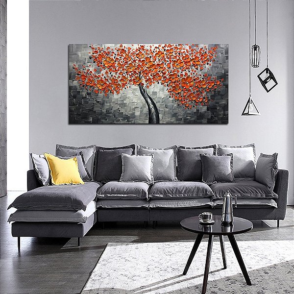 Quadro Pintura Tela vermelha texturizado claro flor 5307