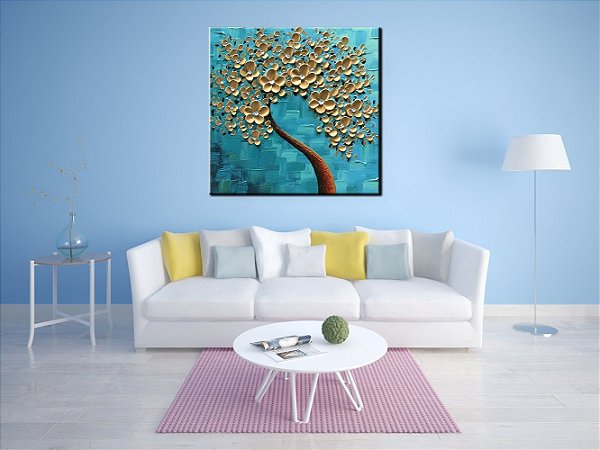 Quadro Pintura Tela ouro azul óleo flor quadrado Quarto 5356