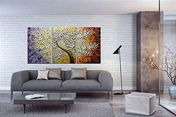 Quadro Pintura Tela árvore pétalas branco flor painéis 5369