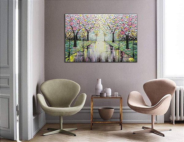 Quadro Pintura Tela vendas cerejeira árvore rua flor 5388