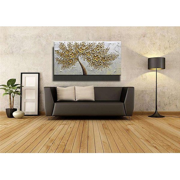 Quadro Pintura Tela brown floral ouro troncos pétalas 5454