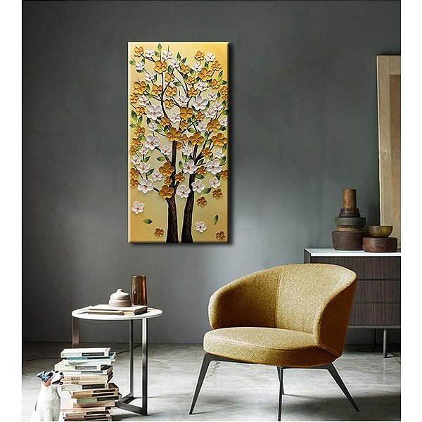 Quadro Pintura Tela árvore vertical branca ouro Quarto 5569