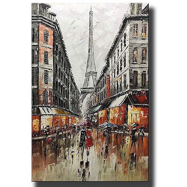 Quadro Pintura Tela paris chuvosas rua amantes eiffel 5571