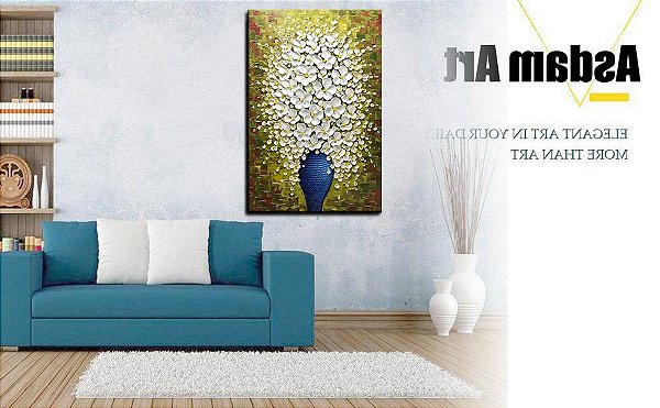 Quadro Pintura Tela verticais flor vaso azul branca 5583