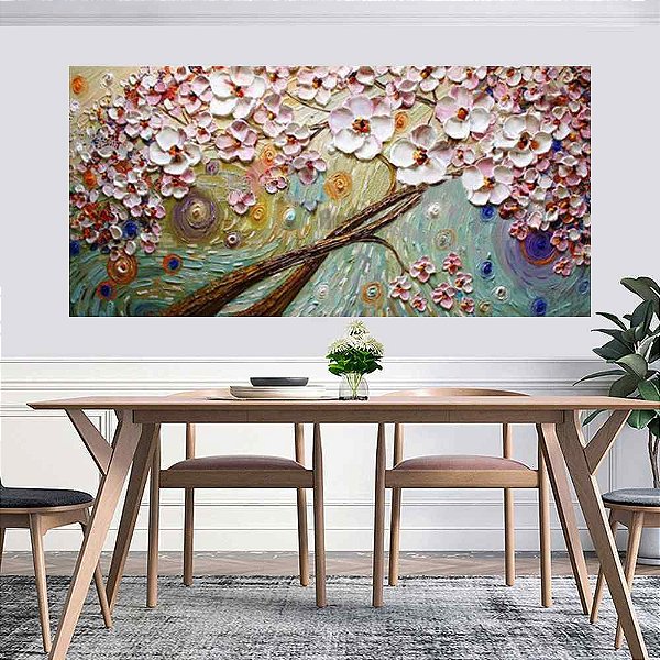 Quadro Pintura Tela Arvores e Flores Modernas Em Altos Relevos 2041