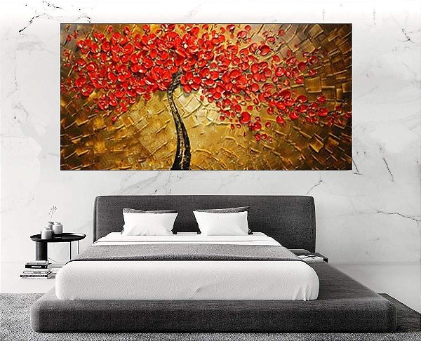 Quadro Pintura Tela Arvores e Flores Modernas Em Altos Relevos 2061