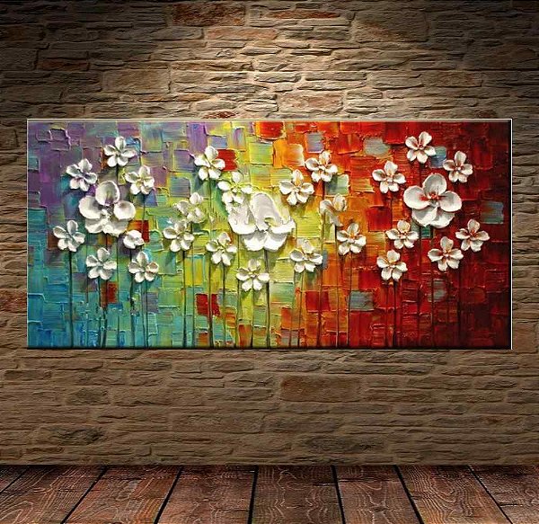 Quadro Pintura Tela Arvores e Flores Modernas Em Altos Relevos 2062