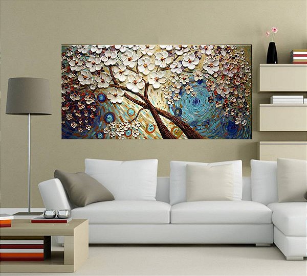 Quadro Pintura Tela Arvores e Flores Modernas Em Altos Relevos 2080