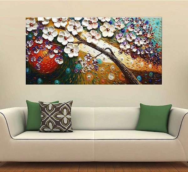 Quadro Pintura Tela Arvores e Flores Modernas Em Altos Relevos 2161