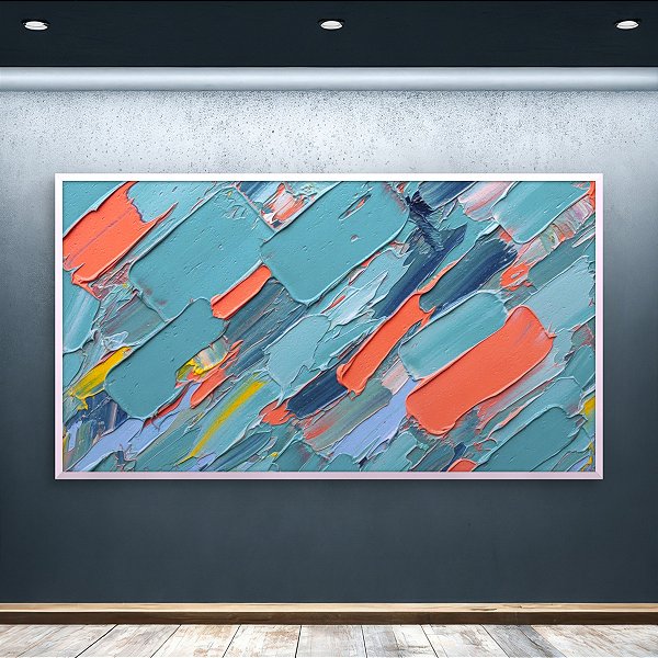 Quadro Decorativo Abstrato Espatulado Texturizado Tons de Azul e Coral 6083