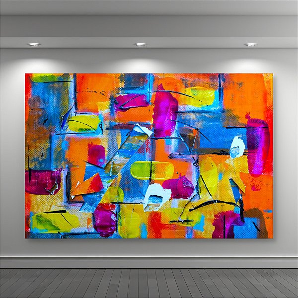 Quadro Decorativo Abstrato Moderno Colorido Laranja Azul e Amarelo 6000