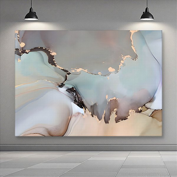 Quadro Decorativo Abstrato Mármore Fluido Tons Pastel Dourado e Cinza 6046