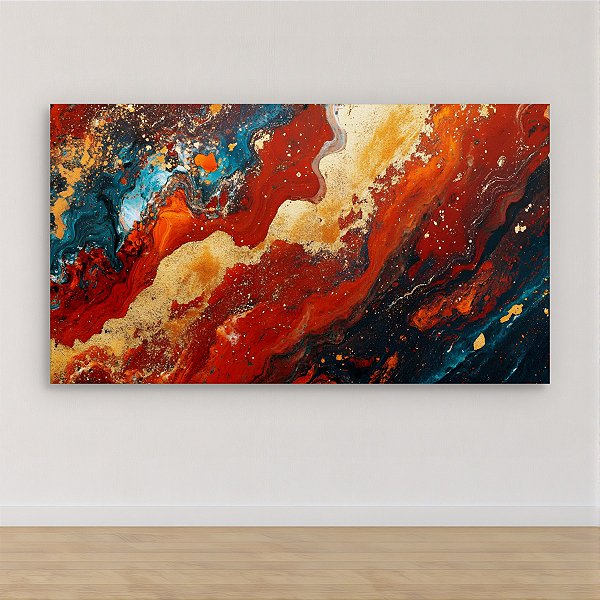 Quadro Decorativo Abstrato Vermelho, Dourado e Azul com Efeito Mármore e Folha de Ouro 6063