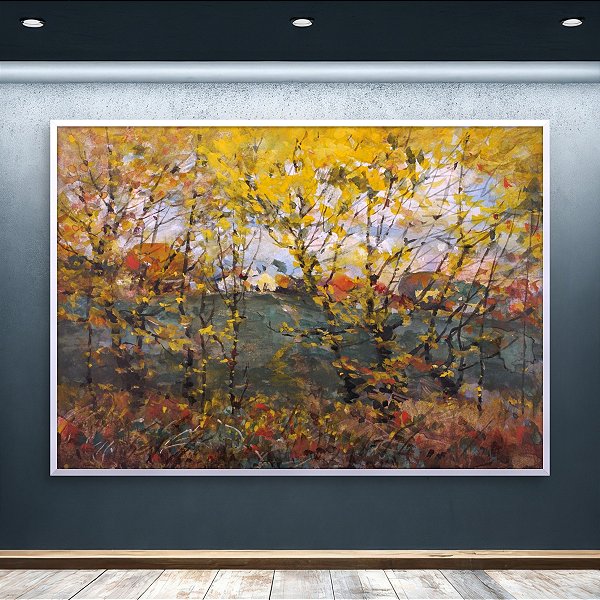 Quadro Decorativo Paisagem de Outono com Árvores Amarelas e Floresta 6020