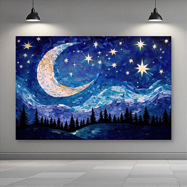 Quadro Decorativo Paisagem Noite Estrelada Lua Crescente e Pinheiros 6048