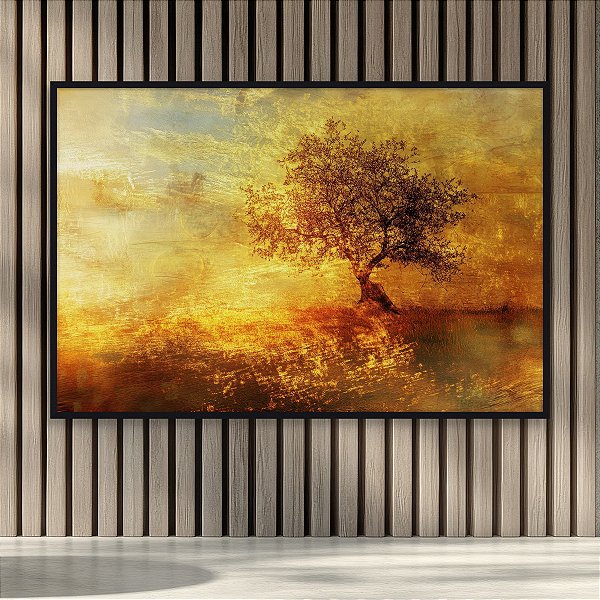 Quadro Decorativo Paisagem Árvore Solitária Dourada e Céu Abstrato 6087