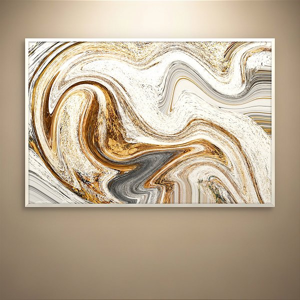 Quadro Decorativo Abstrato Mármore Líquido Dourado e Branco Fluido 6108