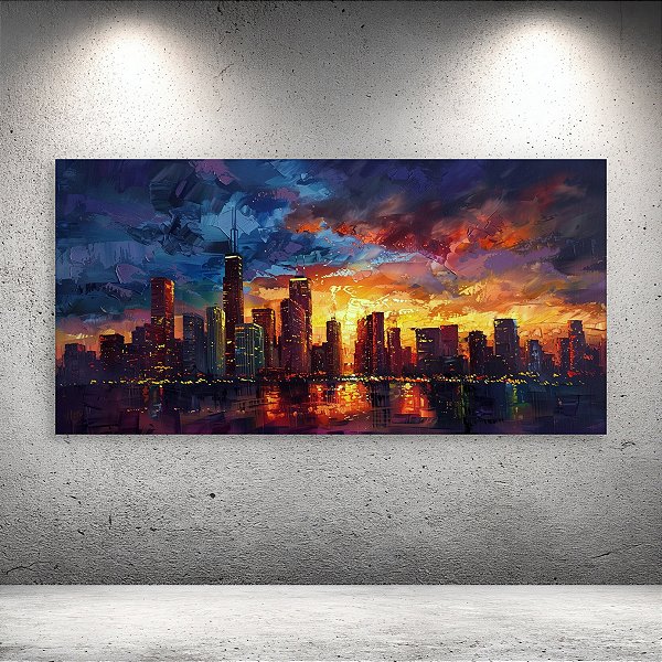 Quadro Decorativo Paisagem Urbana Chicago Pôr do Sol Abstrato Moderno 6118