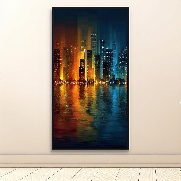 Quadro Decorativo Paisagem Urbana Noturna Arranha-Céus e Rio Espelhado 6124
