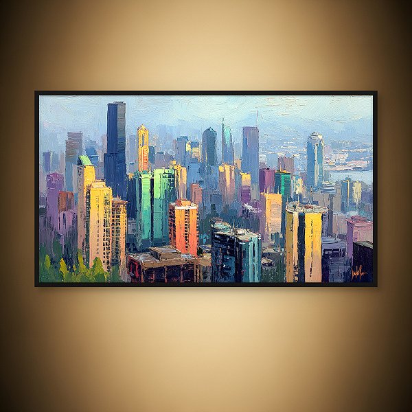 Quadro Decorativo Paisagem Urbana Skyline de Cidade Abstrata com Espátula 6121