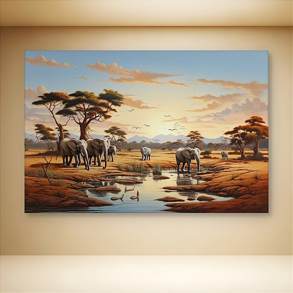 Quadro Decorativo Paisagem Savana Africana Elefantes Pôr do Sol 6136