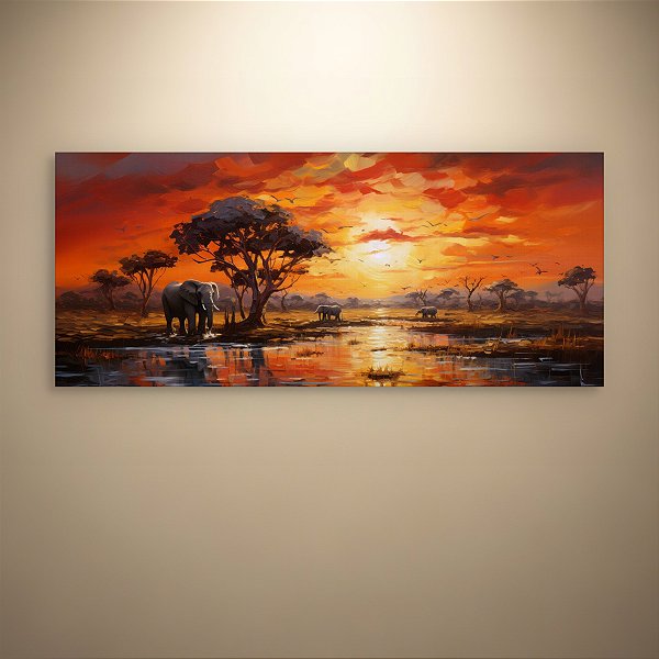 Quadro Decorativo Paisagem Savana Africana Elefantes Pôr do Sol e Rio 6134