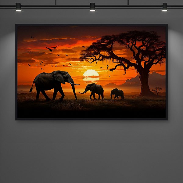 Quadro Decorativo Paisagem Savana Africana Elefantes Pôr do Sol Gigante 6150