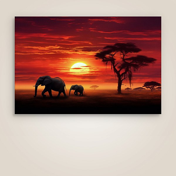 Quadro Decorativo Paisagem Savana Africana Elefantes Pôr do Sol Vermelho 6148