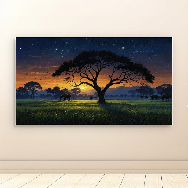 Quadro Decorativo Paisagem Savana Africana Pôr do Sol Árvore Elefantes 6142
