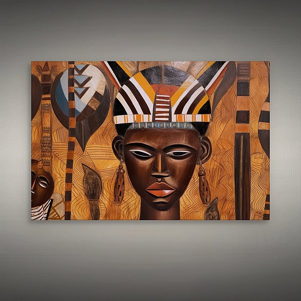Quadro Decorativo Rosto Africano Tribo Étnica Com Adorno de Cabeça e Lança 6137