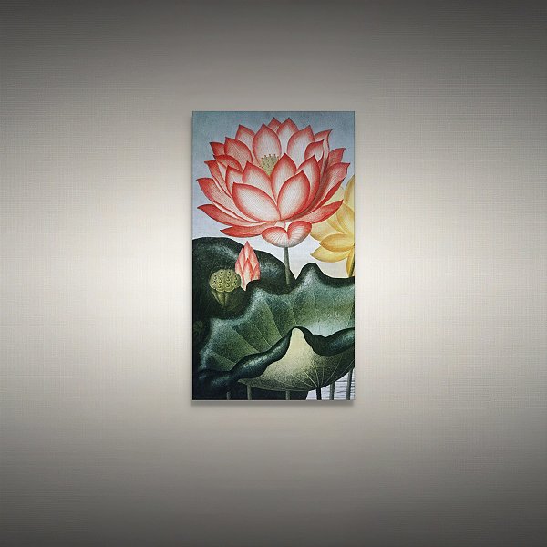 Quadro Decorativo Flor de Lótus Vermelha e Folhas Verdes Botânica 6155