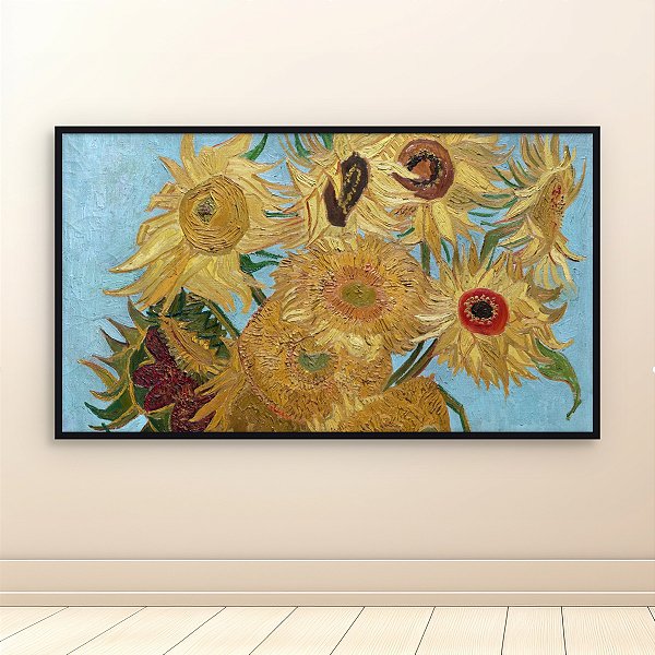 Quadro Decorativo Girassóis de Van Gogh Vaso com Fundo Azul Turquesa 6160